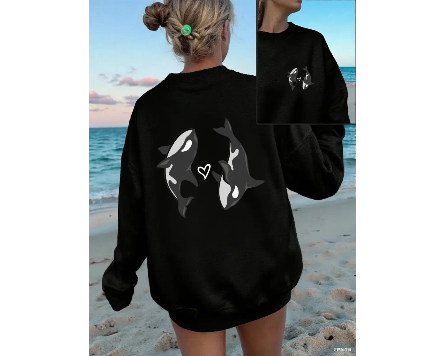 Yunus aşk kalp baskılar tişörtü kadın kış polar sıcak kapüşonlu üstler bisiklet yaka bol giys