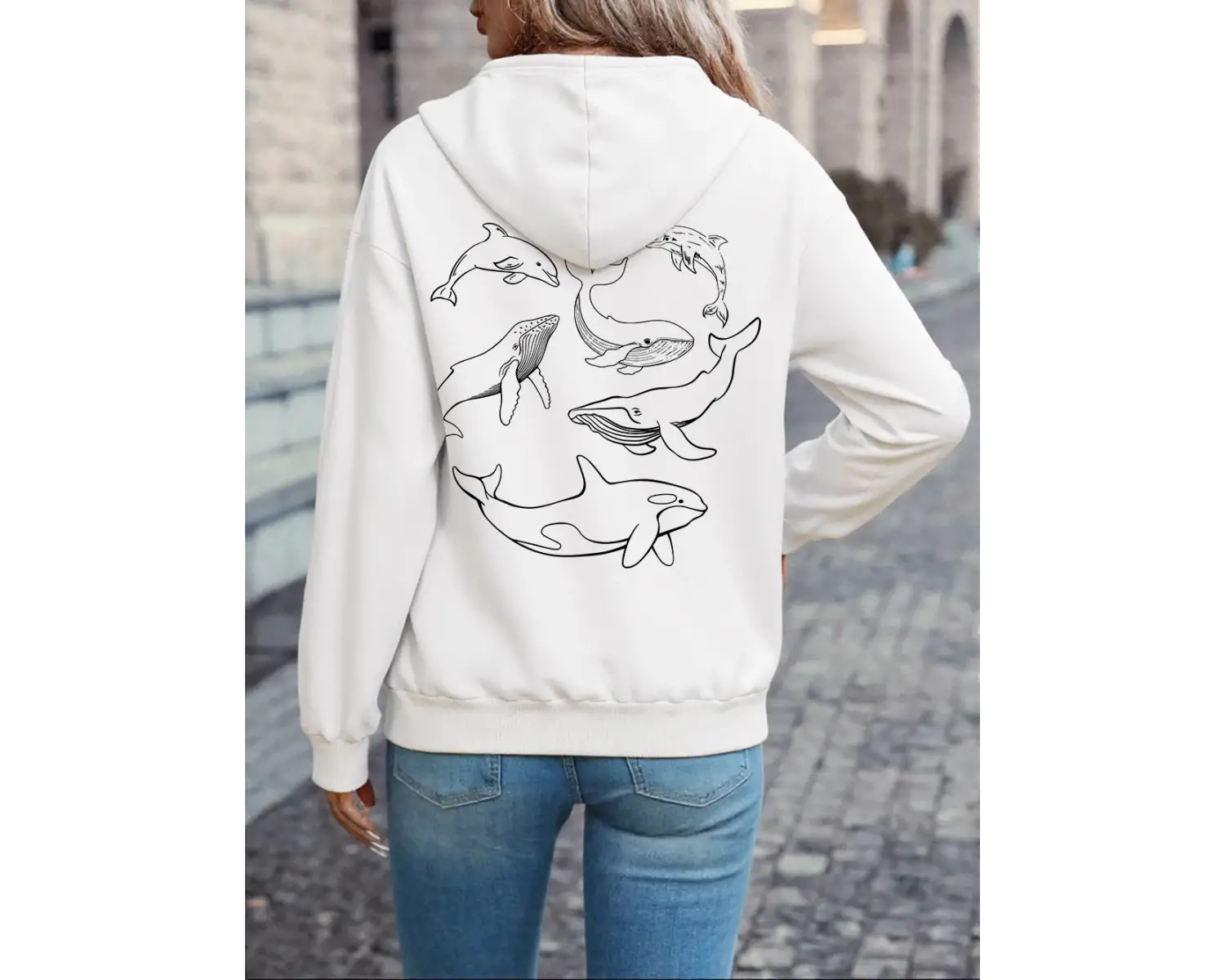 Yunus Kamburluk Balinası Orka Baskılı Kapüşonlu Üstler Kadın Temel Bol Sweatshirtler Kışlık P