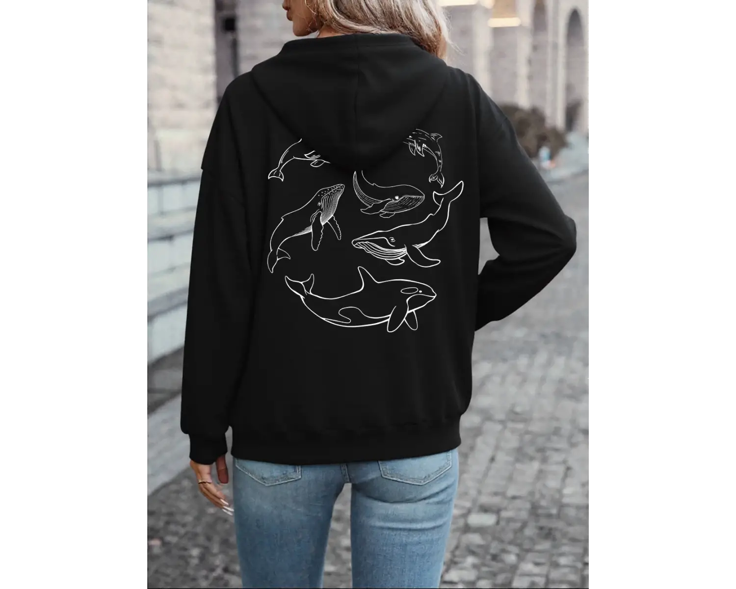 Yunus Kamburluk Balinası Orka Baskılı Kapüşonlu Üstler Kadın Temel Bol Sweatshirtler Kışlık P