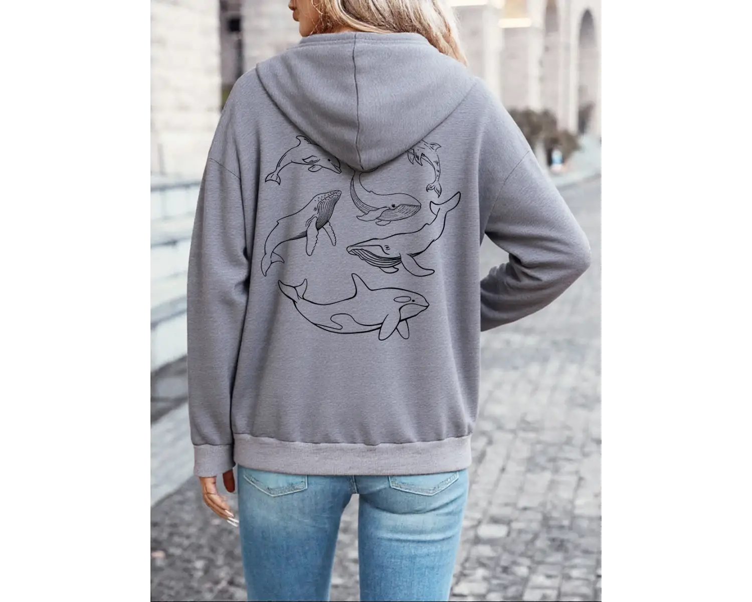 Yunus Kamburluk Balinası Orka Baskılı Kapüşonlu Üstler Kadın Temel Bol Sweatshirtler Kışlık P