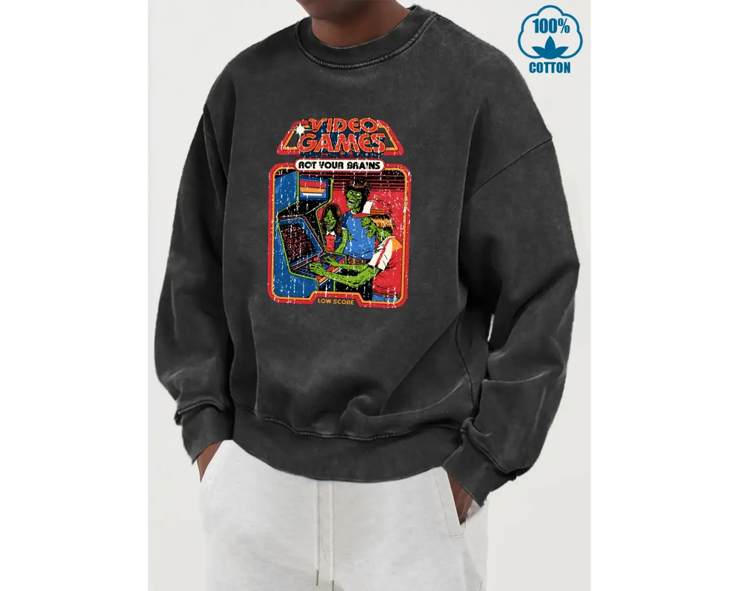 Zekinize Özel Video Oyunları Baskılı Erkek Yıkanmış Pamuklu Kapüşonlu Üst Moda Yumuşak Kazak