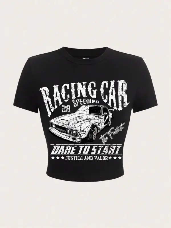 100% pamuk kadın kırpma t-shirt Hip Hop yarış araba baskılı tişört gömlek o-boyun sıkı kısa k