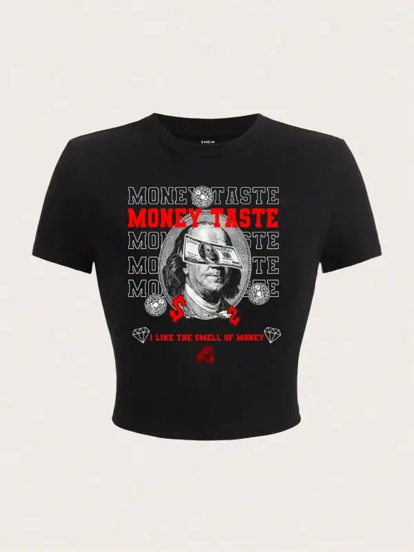 100% pamuk kadın kırpma t-shirt para tat mektup baskılı tişört gömlek o-boyun sıkı kısa kollu