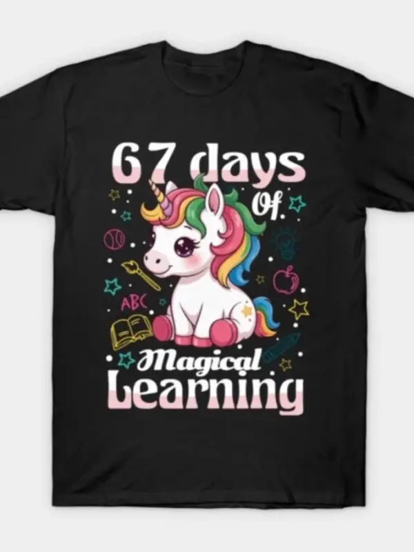 67. Okul Günü Unicorn Kızlar 67 Gün Okul Erkekler Kadınlar İçin Tişört %100 Pamuklu Tişörtler