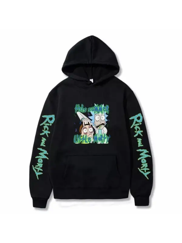 Kapüşonlu Rıck And Morty Göğüs Baskılı Oversize Yeni Stil Spor Erkek Sweatshırt Siyah
