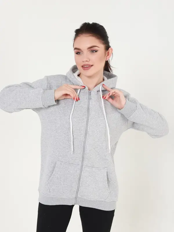 Gri Kapüşonlu Fermuarlı Sweatshirt