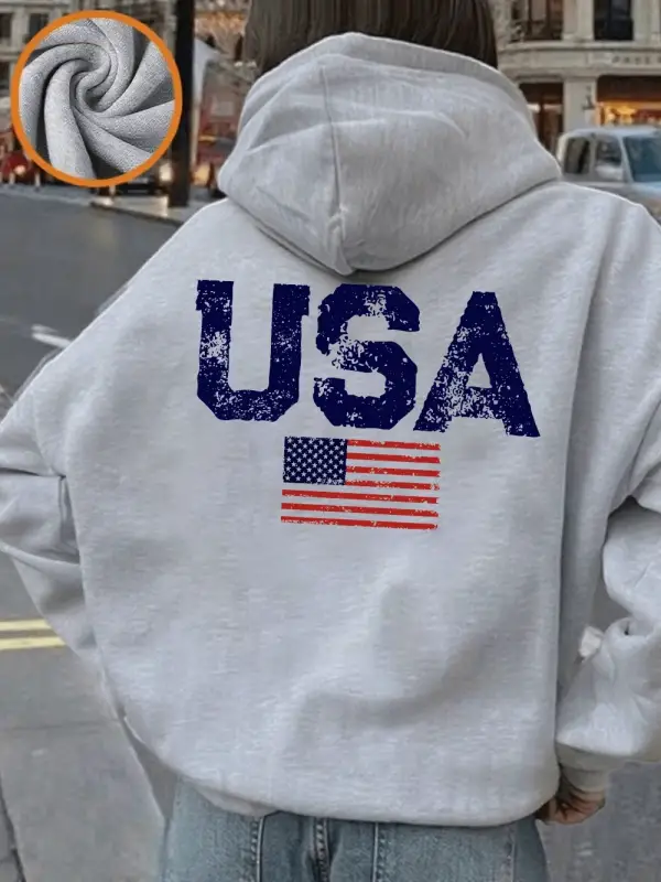 ABD Mektubu Amerikan Bayrağı Baskılı Kapüşonlu Üstler Kadınlar İçin Kışlık Polar Sıcak Kazak