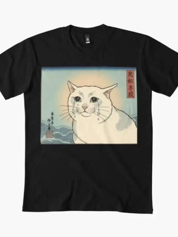 Ağlayan Kedi Japon Meme T-shirt Erkekler Kadınlar Için % 100% Pamuklu T Shirt Kısa Kollu Üstl