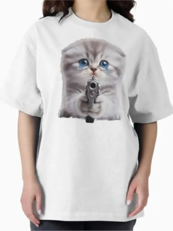 Ağlayan Kedi Silah Tutan Sad Meme T-shirt Erkekler Kadınlar Için % 100% Pamuk T Shirt Kısa Ko