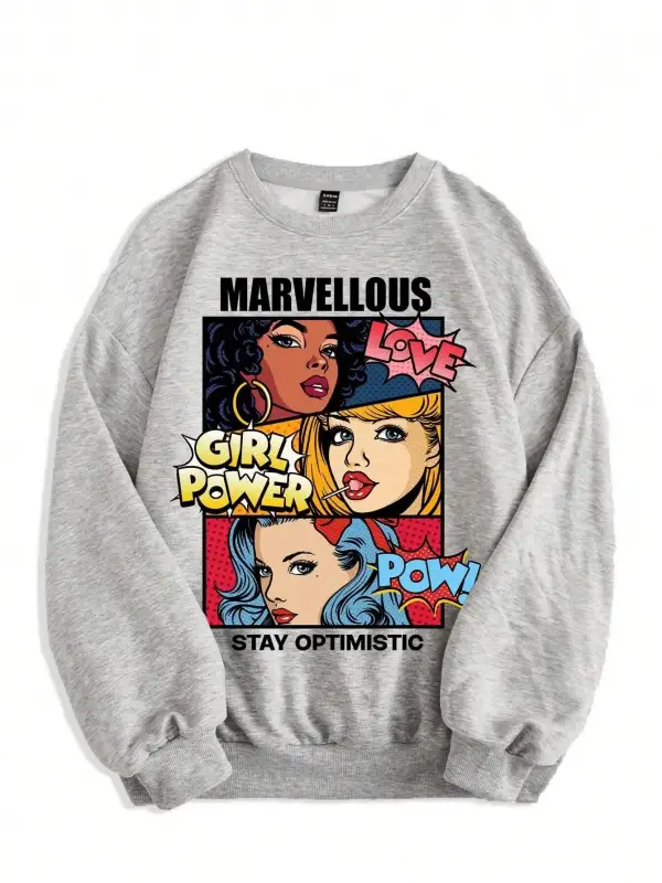 Amerikan tarzı çizgi roman baskılı kadın tişörtü Harajuku gevşek kazaklar moda polar sıcak üs