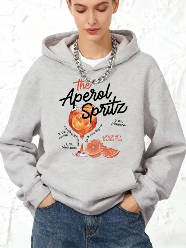 Aperol Spritz Kokteyl Baskıları Kapüşonlular Pamuklu Kadın Koşu Cep Kazak Sportif Bol Sweatsh