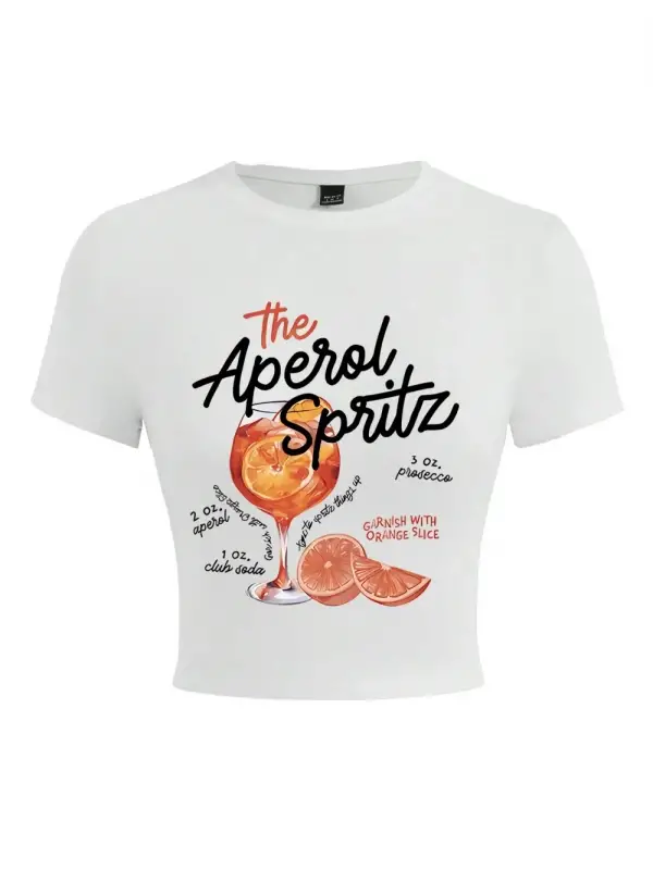 Aperol Spritz Retro Kokteyl Baskılar Kırpma T-Shirt Kadın Sıkı T Shirt O-Boyun Yüksek Elastik