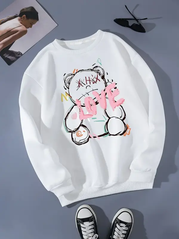 AŞK Teddy Bear Baskılar Kazak Bahar Kadın Rahat Rahat Kazak Sıcak Giyim Gevşek Crewneck Polar