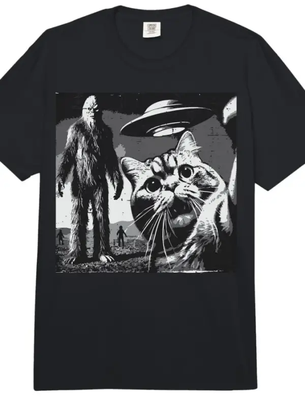 asquatch Kedi UFO Selfie Bigfoot Yavru Kedi Meme T-shirt Erkekler Kadınlar Için % 100% Pamuk