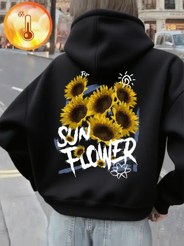 Ayçiçeği Baskılı Kapüşonlu Üstler Kadınlar İçin Kışlık Polar Sıcak Kazaklar Temel Cepli Sweat