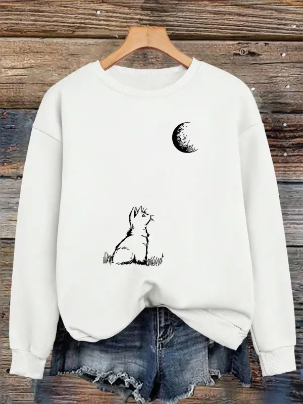 Ayışığına Bakan Kedi Baskılı Kadın Kışlık Polar Sıcak Kapüşonlu Sweatshirt Bol Yuvarlak Yaka