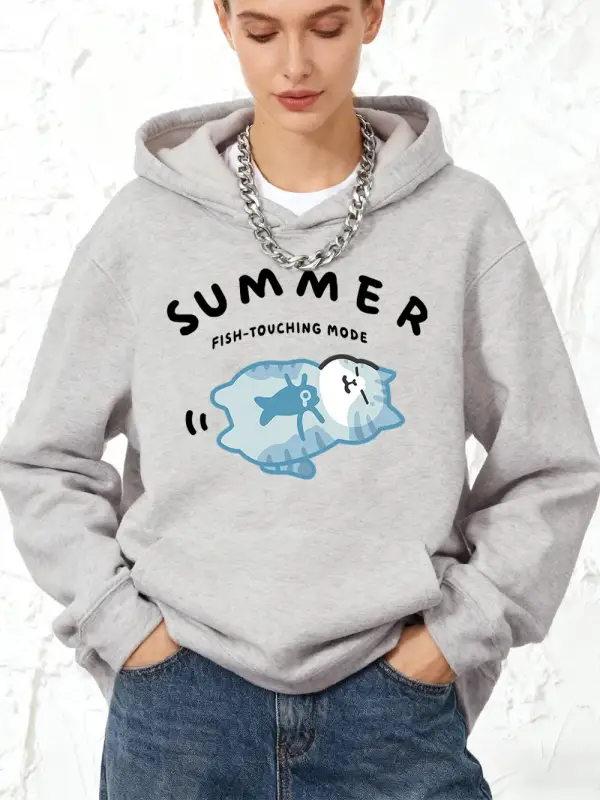 Balık Dokunaklı Mod Kedi Baskılı Kapüşonlu Üstler Pamuklu Kadın Kışlık Polar Kazak Cepli Eşof