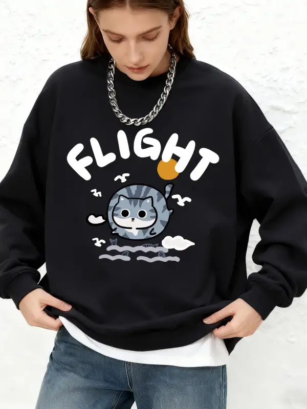 Balık yakalayan kediyle mücadele baskı kazak kadın rahat uzun kollu bisiklet yaka kapüşonlu ü