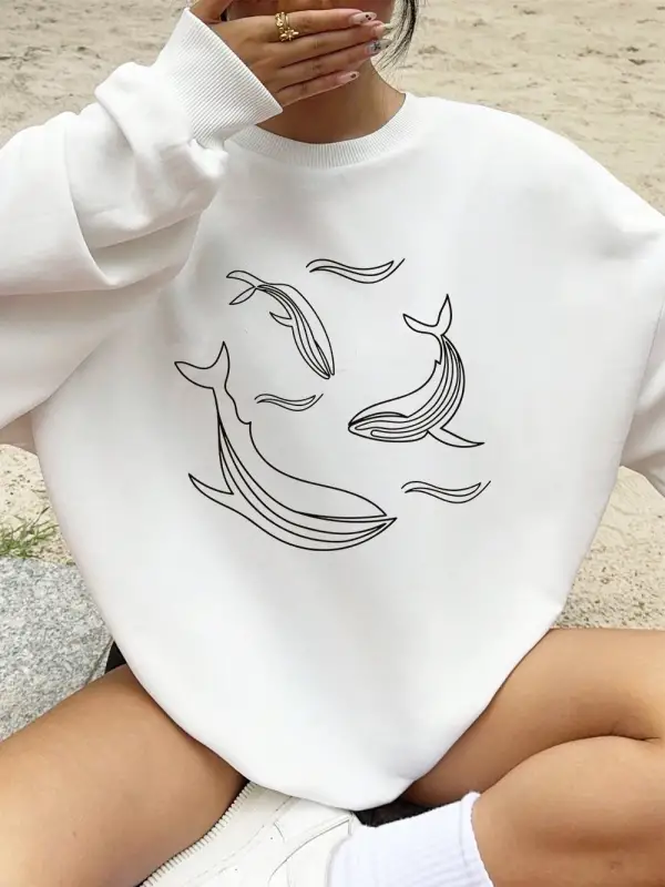 Balina Pod Basit Kroki Baskılar Tişörtü Kadın Crewneck Temelleri Kapüşonlular Gevşek Polar Sı