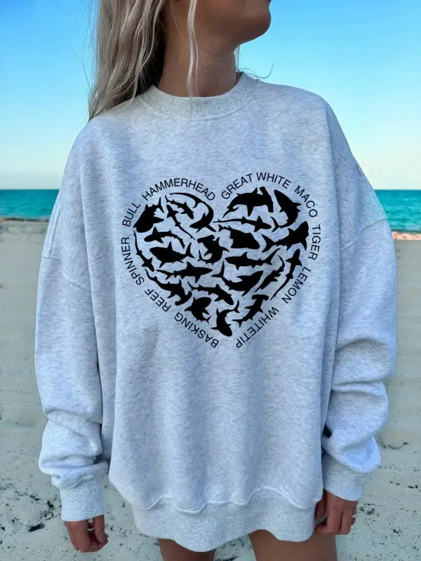 Balina ve Köpekbalığı Kalp Baskılar Kazak Bayan Polar Sıcak Sportif Kapüşonlular Crewneck Gev