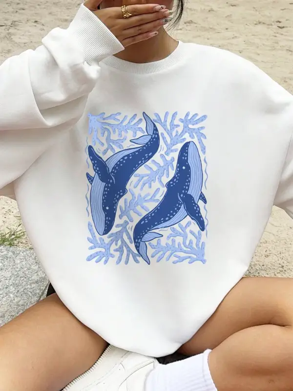 Balina ve Mercan Baskı Tişörtü Bayan Sonbahar Polar Sıcak Kapüşonlular Crewneck Gevşek Kazak