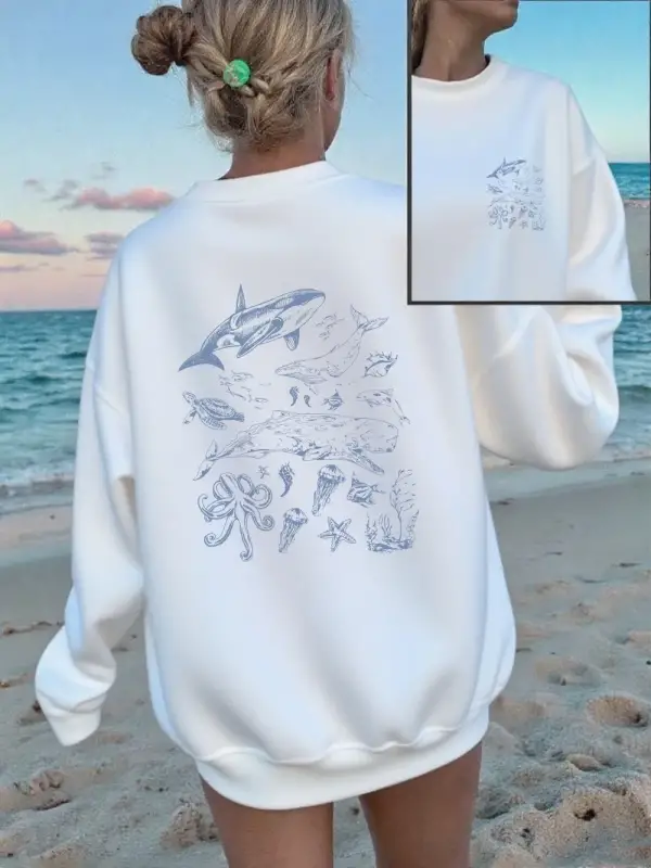 Balina Yunus Deniz Kaplumbağası Baskılar Tişörtü Kadın Kış Gevşek Kapüşonlular Rahat Bisiklet