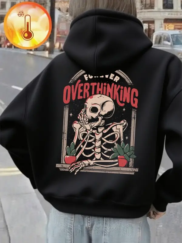 Balkonda İskelet Adam Baskılı Kapüşonlu Üstler Kadınlar İçin Günlük Bol Sweatshirt Kışlık Pol