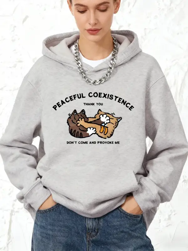 Barışçıl Bir Yaşam Birlikte Yaşam Kedi Baskılı Kapüşonlu Üstler Pamuklu Kadın Eşofman Cepli Ü