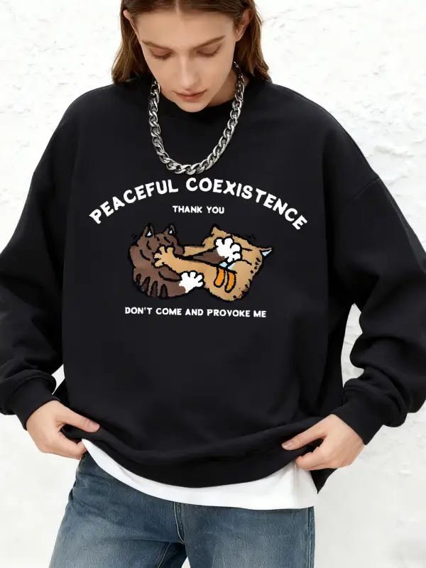 Barışçıl Bir Yaşam Ortaklığı Kedi Baskılı Kapüşonlu Kadın Basic Oversize Jogger Sweatshirt Uz
