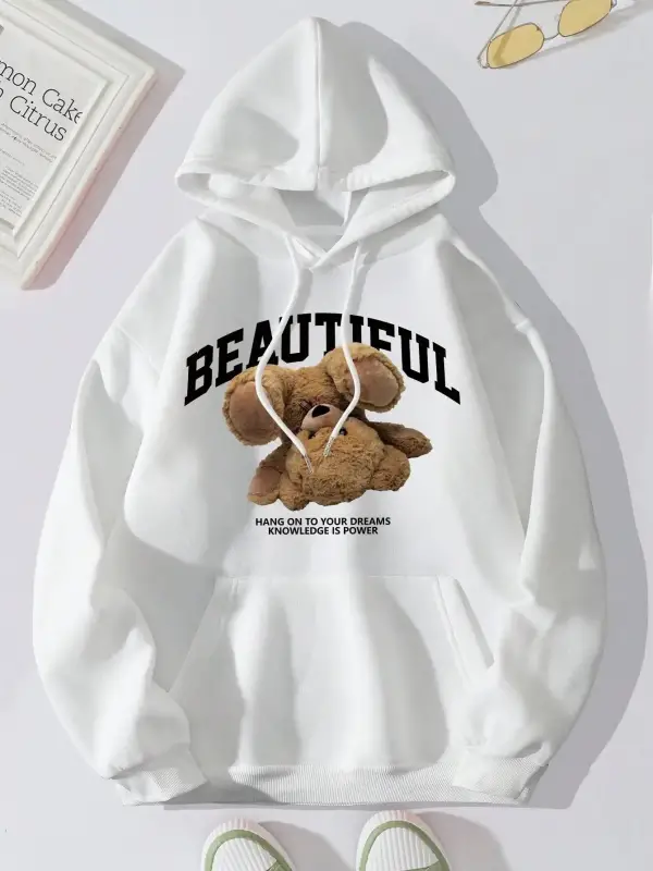 Baş aşağı Teddy Bear baskı Hoodies kadın spor moda rahat kapüşonlu sıcak o-boyun polar Hoody