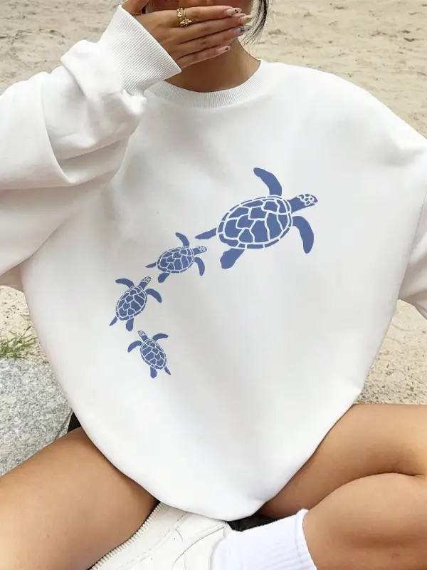 Basit Deniz Kaplumbağaları Baskılar Tişörtü Kadın Crewneck Temelleri Kapüşonlular Gevşek Pola