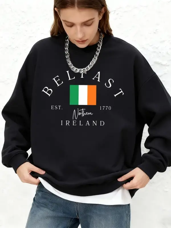 Belfast Est. 1770 Bayrak Baskı Kadın Tişörtü Kış Sıcak Koşu Hoodie Rahat Büyük Boy Bisiklet Y