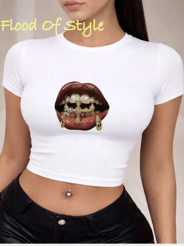 Beyaz Babby Tee dudak diş baskılı taş desen litee Özel tasarım