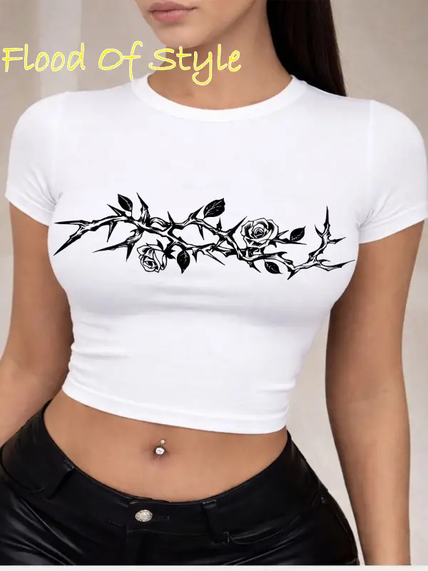 Beyaz Babby Tee gül yaprak dal Özel tasarım