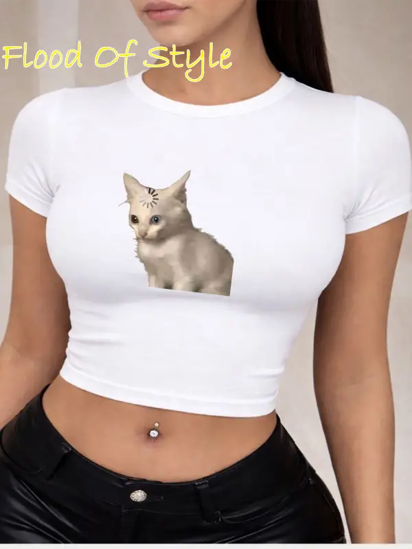 Beyaz Babby Tee şaşkın kedi Özel tasarım