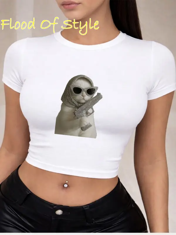 Beyaz Babby Tee taş desenli kedi Özel tasarım