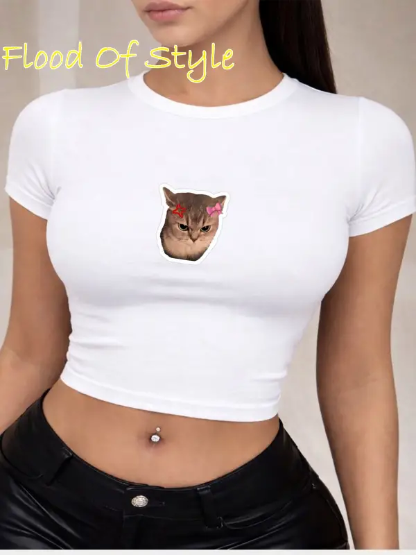 Beyaz Babby Tee tatlı kızgın kedi Özel tasarım