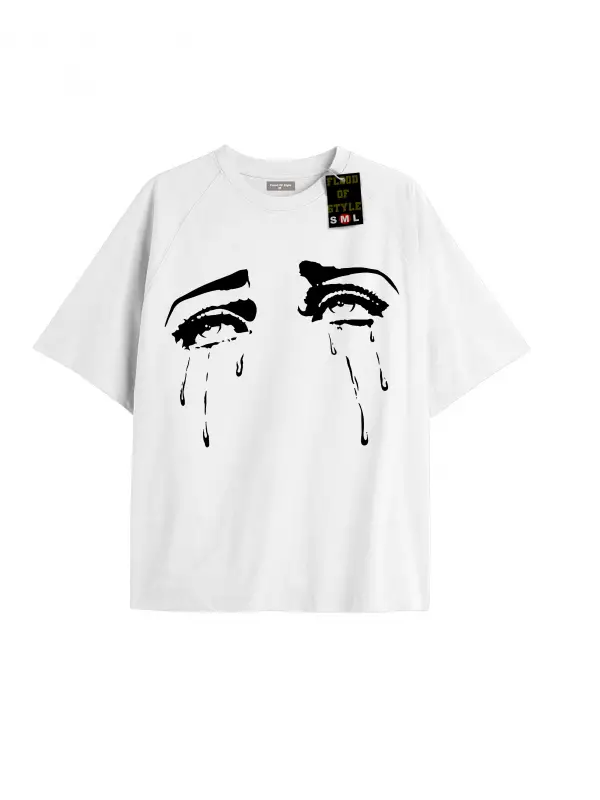 Beyaz Oversize T-shirt ağlayan gözler Özel tasarım
