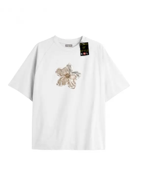 Beyaz Oversize T-shirt bej çiçek Özel tasarım