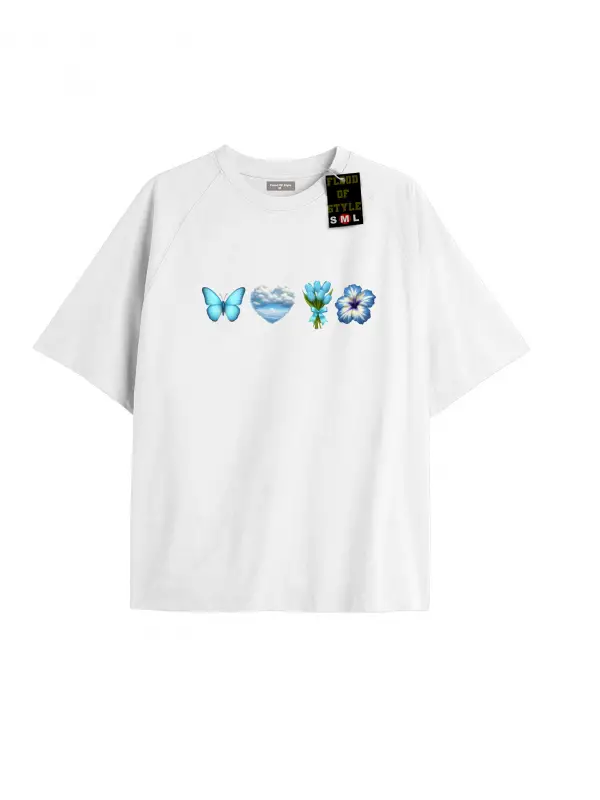 Beyaz Oversize T-shirt bulut kalpla lekelebek Özel tasarım