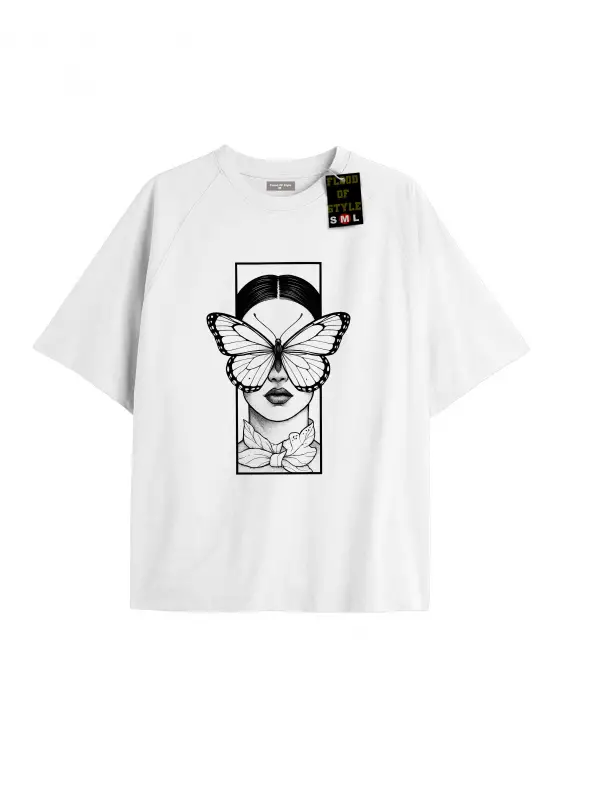 Beyaz Oversize T-shirt çerçeveyüzkelebek Özel tasarım