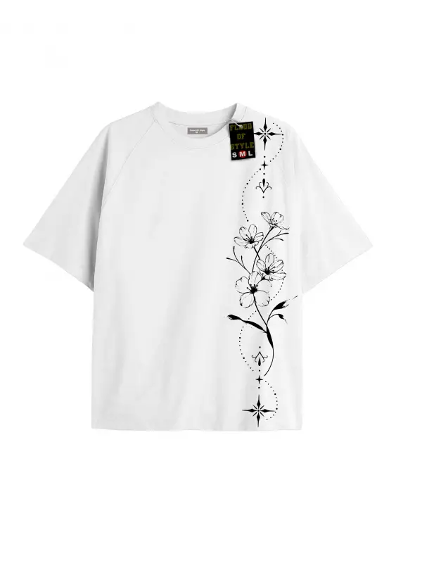 Beyaz Oversize T-shirt çiçek dal yıldız Özel tasarım