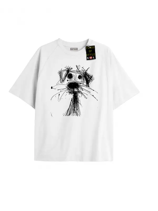 Beyaz Oversize T-shirt çizim köpek Özel tasarım