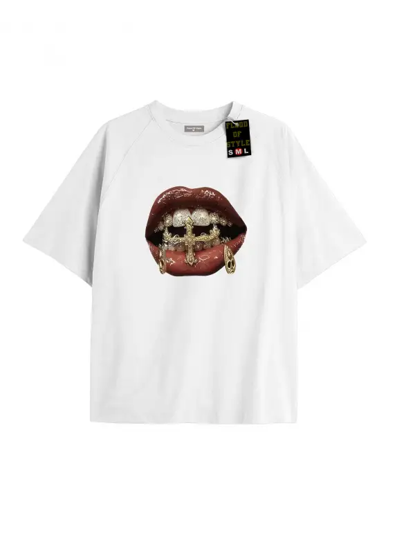 Beyaz Oversize T-shirt dudak diş baskılı taş desen litee Özel tasarım