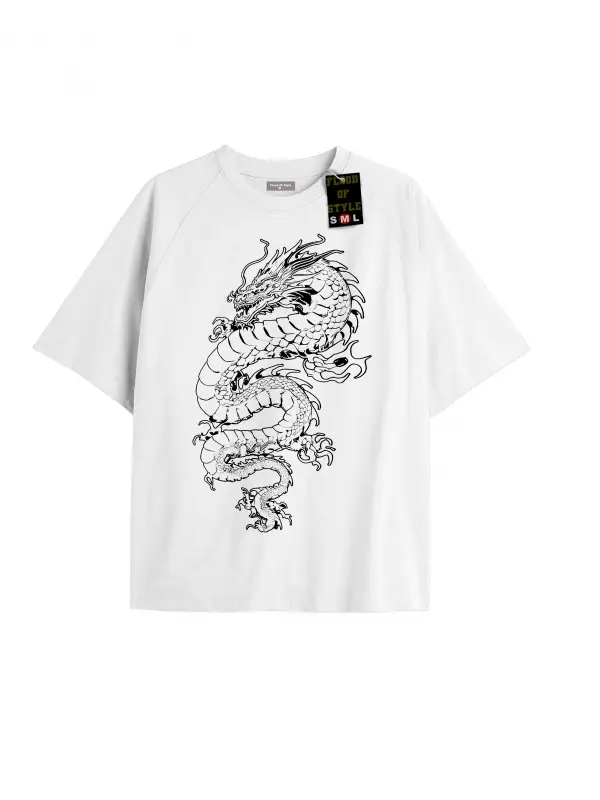 Beyaz Oversize T-shirt ejdarha Özel tasarım