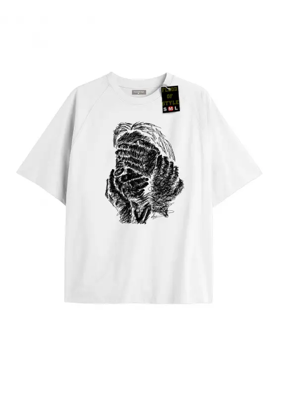 Beyaz Oversize T-shirt el yüz tasarımı Özel tasarım