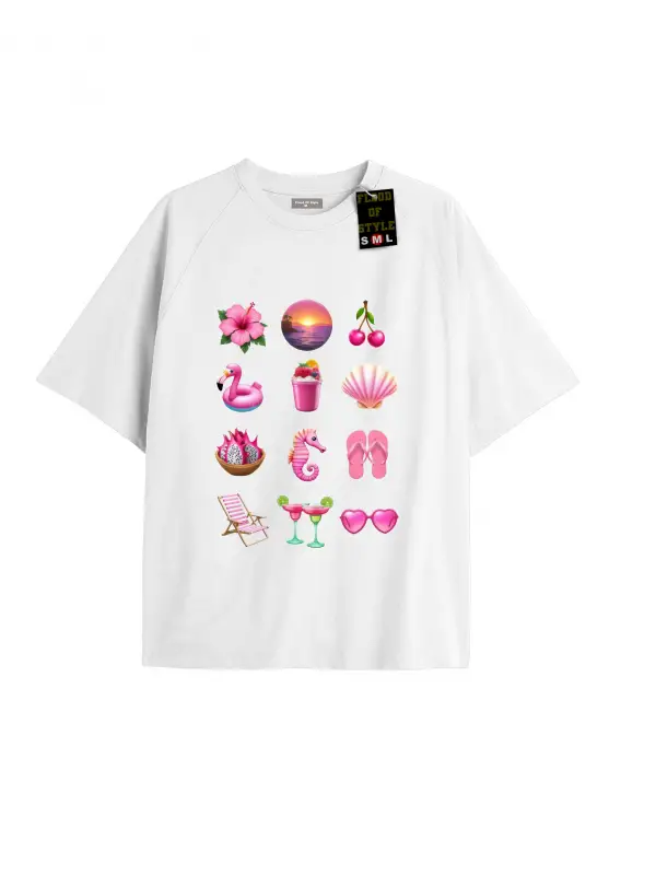 Beyaz Oversize T-shirt emoji pink Özel tasarım