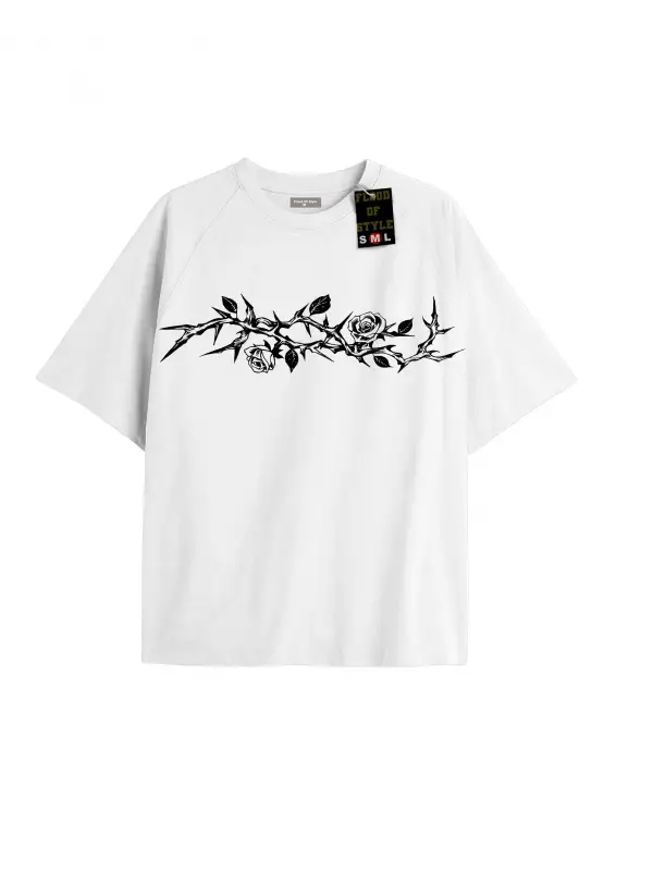 Beyaz Oversize T-shirt gül yaprak dal Özel tasarım