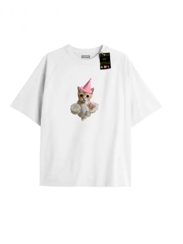 Beyaz Oversize T-shirt happy kedi Özel tasarım