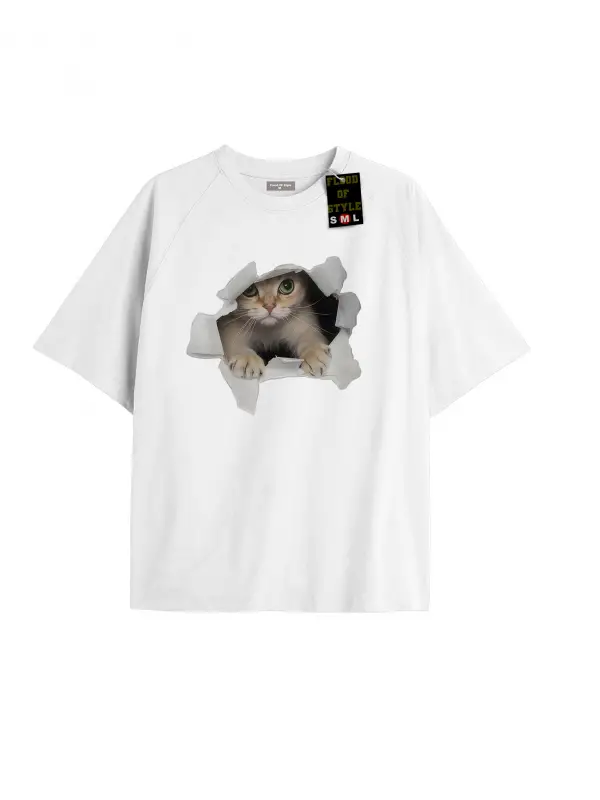 Beyaz Oversize T-shirt kedi Özel tasarım